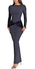 House of CB Athena Black Velvet Maxi Dress Gown Long Sleeve Drape Waist Larg-NEW