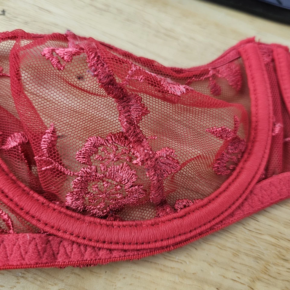 Vintage Y2K Victoria's Secret Red Bow Floral Embroidered Mesh Bra 34B Unlined - Image 4 of 4