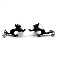 Betsey Johnson Enchanted Forest Tiny Black Scaredy Cat Crystal AB Earrings RARE