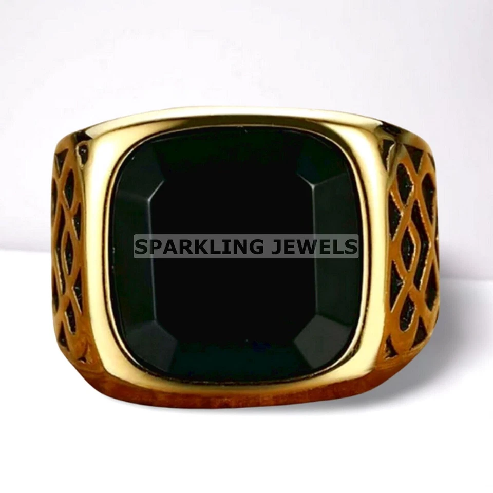 Cojín VVS de ónix negro con anillo enchapado en oro de plata de ley 925 para hombre #C447 Foto 4 de 4