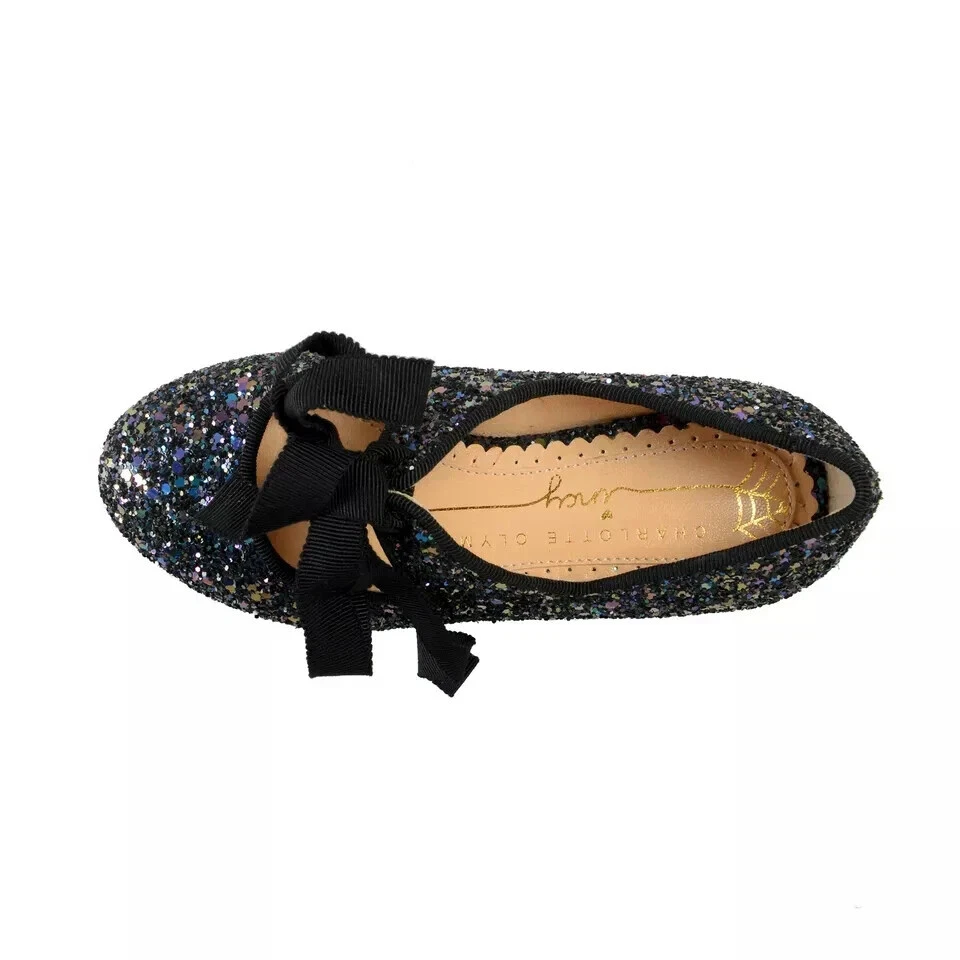 Flats Shoes Charlotte Olympia Girls INCY OLIVIA Midnight Glitter Leather Ballet - Image 2 of 4