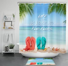 Summer Coastal Blue Ocean Flip Flops Beach Shower Curtain Set for Bathroom Decor