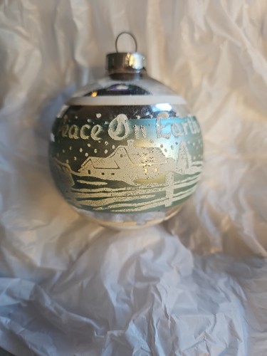 Vintage Shiny Brite "Frieden auf Erden" grüne schablonierte Glaskugel Ornament