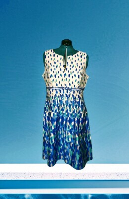 PERCEPTIONS New York $86 Blue Green SPOTTED Sleeveless Dress V-Neck Women's 14