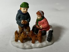 Christmas Village Figurine/Accessory Boy  Girl Playing With Puppies