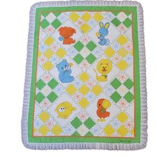 Vintage Quilted Blanket Green Yellow Crib Quilt Animals Lace Trim Thats Our Baby