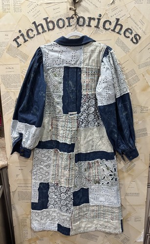 Anthropologie Let Me Be Denim Patchwork Shirt Dress Coat Lace Blue Motif S NEW - Picture 5 of 5