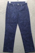 DG2 Diane Gilman Jeans Women Petite 4 Multi Floral Embellished Beaded Flat Front