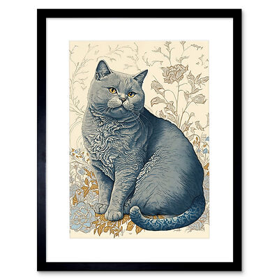 William Morris inspirierte Katze mit Blumen gerahmter Wandkunstdruck Bild 12 x 16