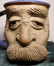 A&A POTTERY 3D FACE STONEWARE MUG BROKEN HANDLE CONDITION SIGNED