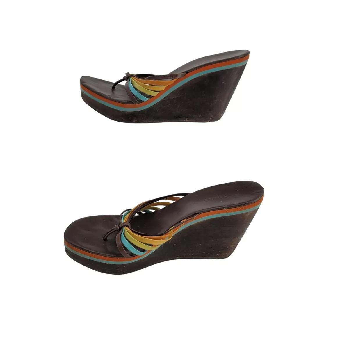 Vintage 90s BCBG Platform Wedge Sandals 9 Rainbow Strappy Wood Hippie Pride