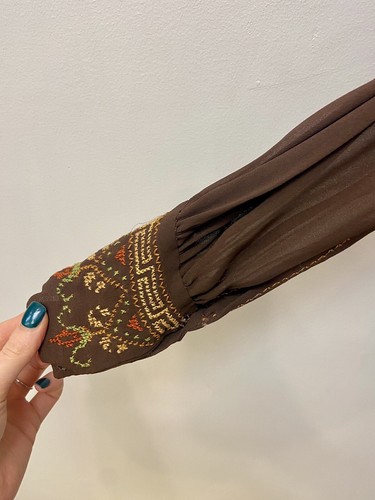 Vintage 1970s Greek Embroidered Peasant Blouse Brown Rayon Embroidery AS IS - Picture 7 of 19
