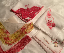 Lot 5  Yellow -Pinks VTG Linen-Cotton Handkerchiefs Crochet Lace EMBr Butterfly