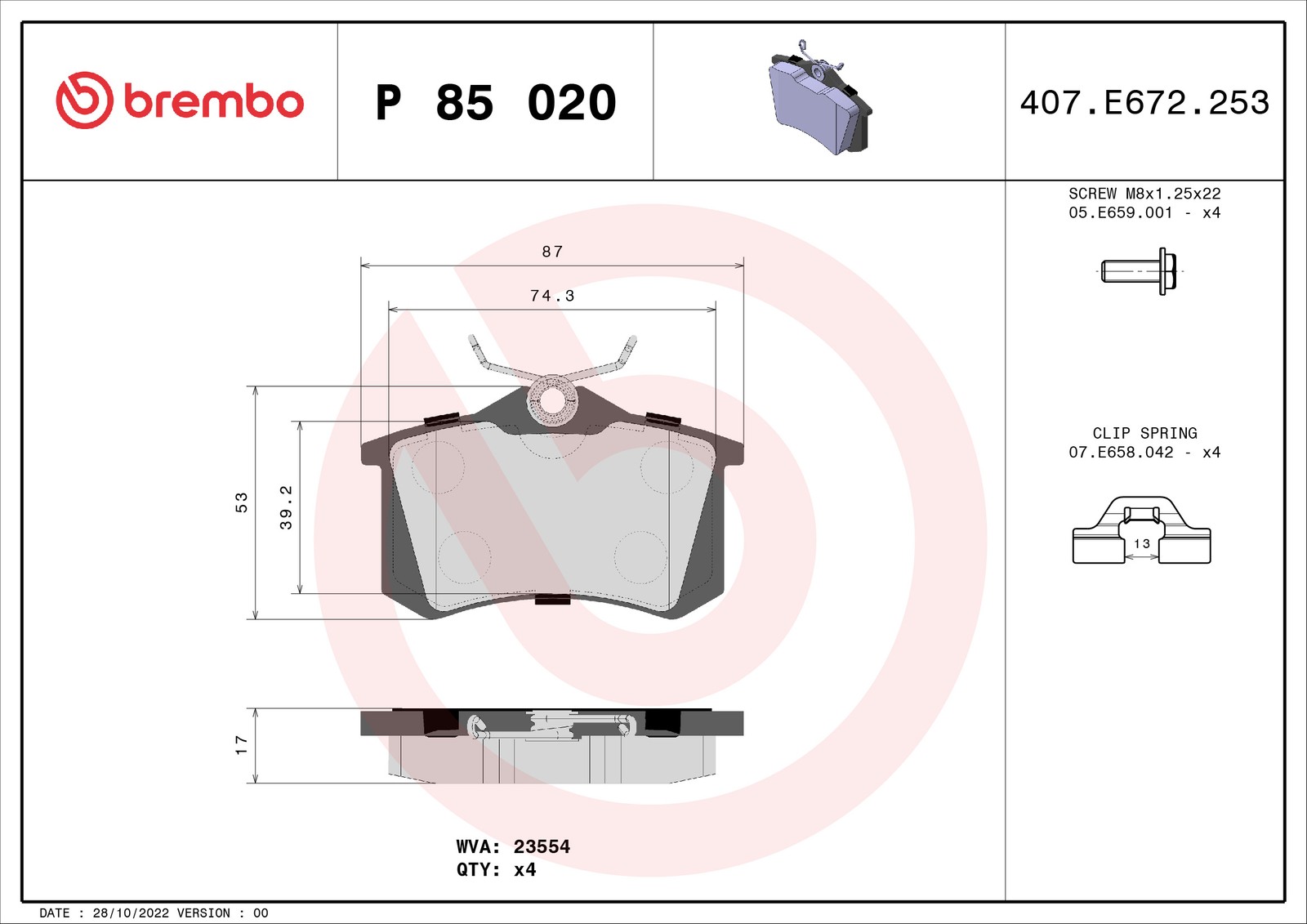 Fits BREMBO P 85 020 HAM PADS. REAR GR.17,0 OCTAVIA 96- REAR, 307 REAR SET OF S