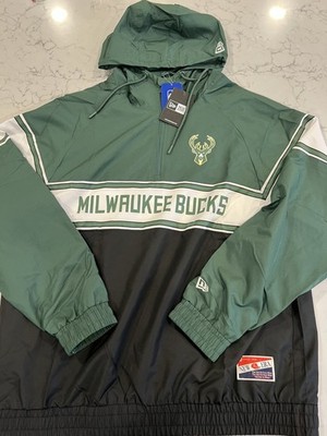NWT $125 New Era Lg Milwaukee Bucks Rare Windbreaker Anorak Jacket Green White 