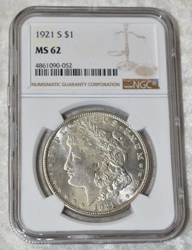 1921 S MORGAN 90% SILVER ONE $1 DOLLAR NGC MS 62 MS62 SAN FRANCISCO MINT US COIN