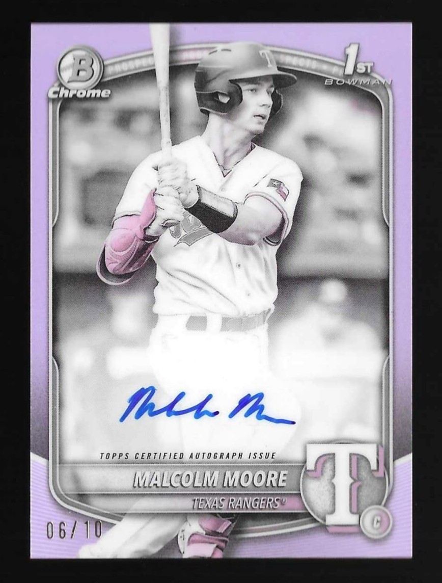 Malcolm Moore 2025 Bowman Chrome 1st Autograph Pearl Refractor #06/10 Rangers RC