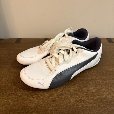 Puma Women White Navy Blue Leather Low Profile Sneakers Driver Heel Y2K Style