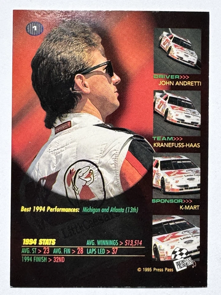 JOHN ANDRETTI 1995 Press Pass VIP NASCAR Racing Card #1 - Image 2 of 3
