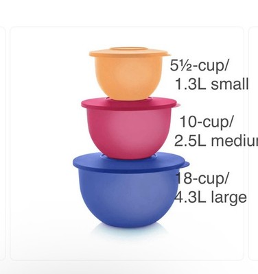 NEW Tupperware Impressions Classic Bowl Set of 3 Blue 18c Burgundy 10.5c  O 5.5c