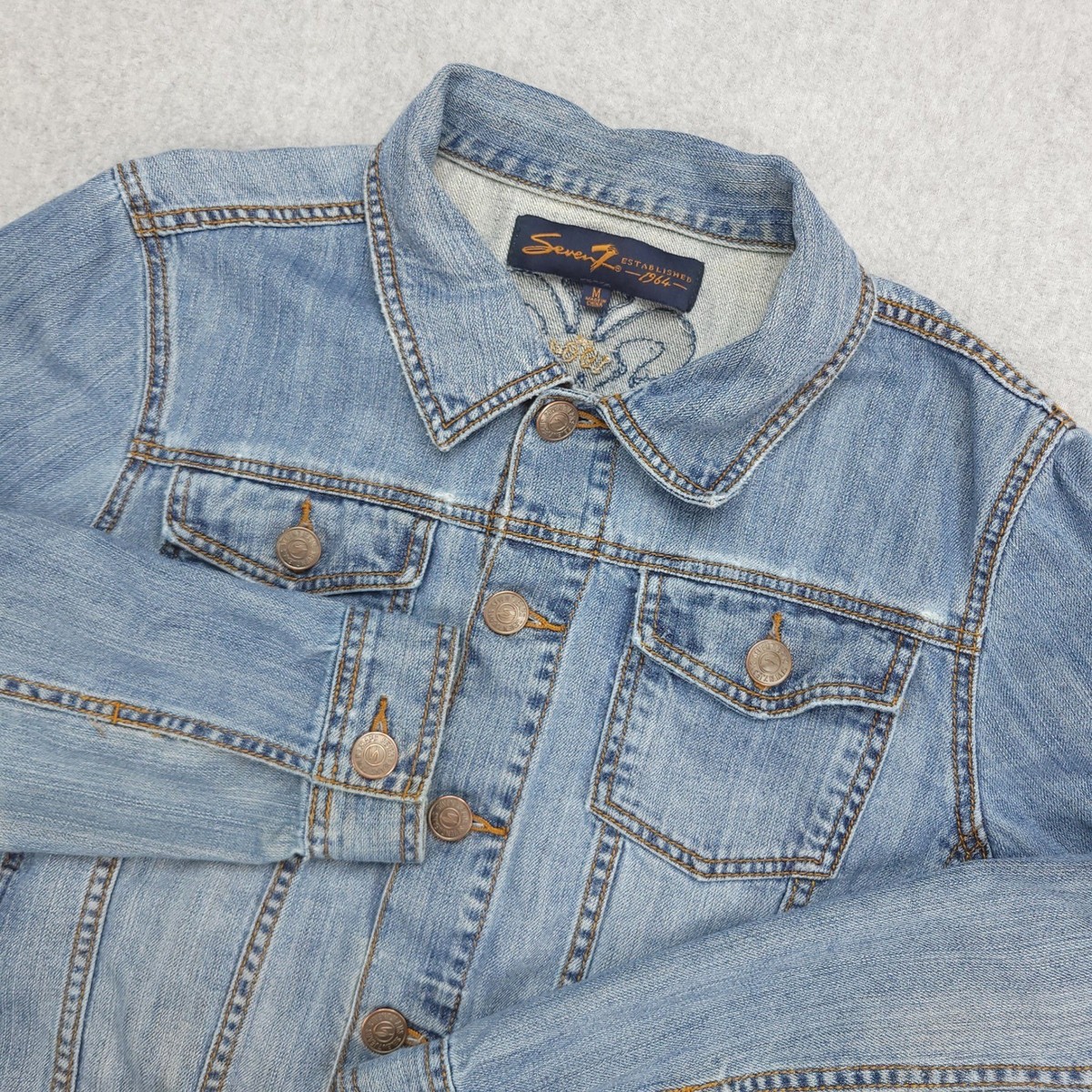 Seven7 Denim Jean Jacket Mens M Light Wash Embroidered Fleur De