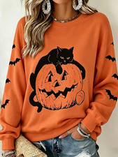 Halloween Womens Black Cat Pumpkin Bat Sweatshirt Long Sleeve Orange XL U7