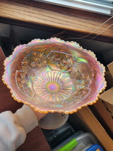 Exceptional Color Fenton Marigold Carnival Glass Mikado Large Compote