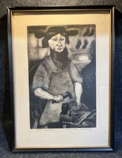 Vtg Folk Art “Amish Shoemaker” Framed Signed Etching Kiehl & Xtian Newswanger