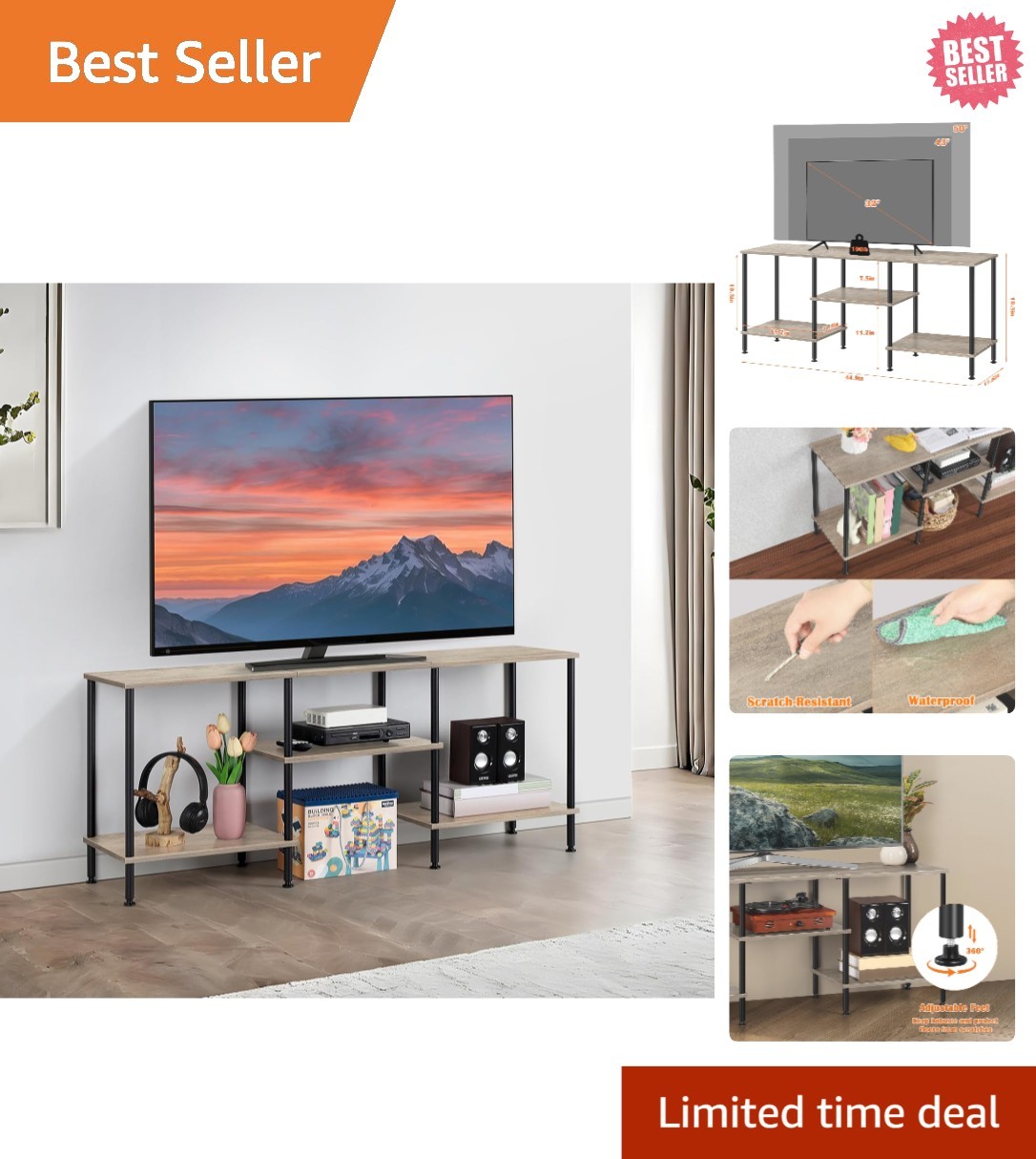 Compact 50 Inch Entertainment Center in Rustic Grey with Durable Metal Frame