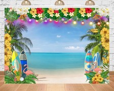 7x5ft Fabric Hawaii Luau Aloha Backdrop, Tropical Flower, Summer Pool Party,Prop