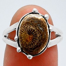 Natural Flower Fossil Coral 925 Sterling Silver Ring s.7 Jewelry R-1506