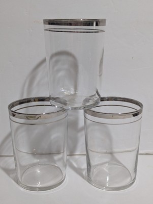 3 - Silver Trimmed Twin Band Drinking Glasses 4'' MCM Madmen Cocktail Replacement