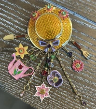 Signed LATR 2GO Lunch At The Ritz Enamel Gardening Hat Dangle Pendant Pin Brooch