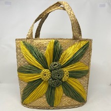 Borsa vintage anni 70 in paglia intrecciata rafia floreale applique vimini resort market bag retrò
