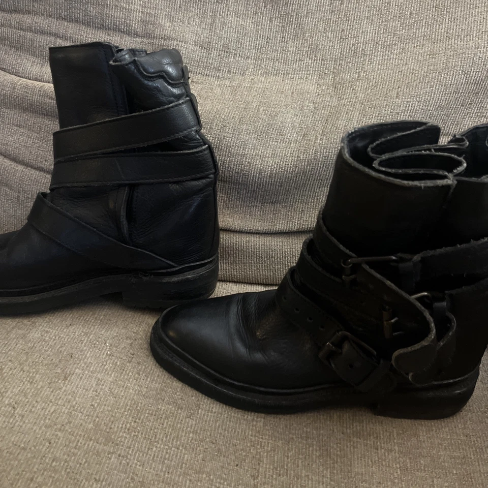 ASH Mujer Botas 8 Negro Cuero Tobillo Moto Hebilla Ropa de Calle Rebelde Motocicleta Foto 3 de 4