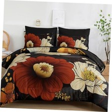 Floral Comforter Set Queen Size 7 Pieces Bed in a Bag Queen 90"x 90" Black