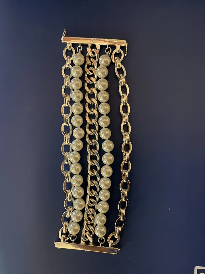 Pulsera Ralph Lauren Eslabones Multi-Hebra Tono Plata Cadena Perlas Simuladas RLL Foto 4 de 4