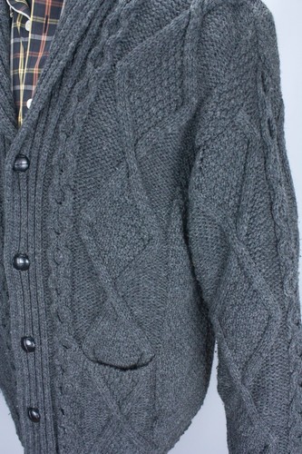 Cárdigan chal tejido con cable Aran Crafts Ireland para hombre XL suéter gris lana merino - Imagen 20 de 23