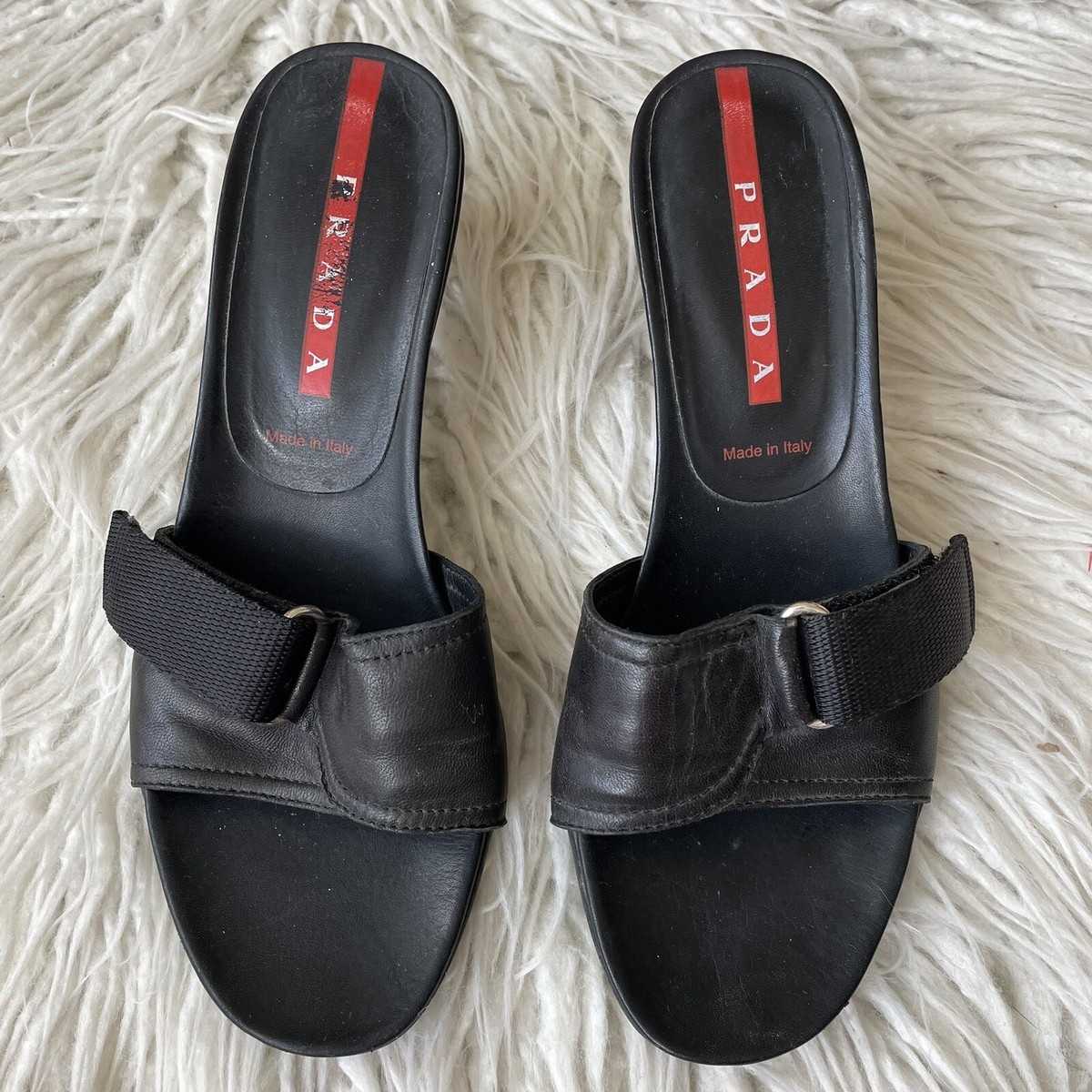Prada Sport Leather Buckle Black Vintage Y2K Open Toe Heeled