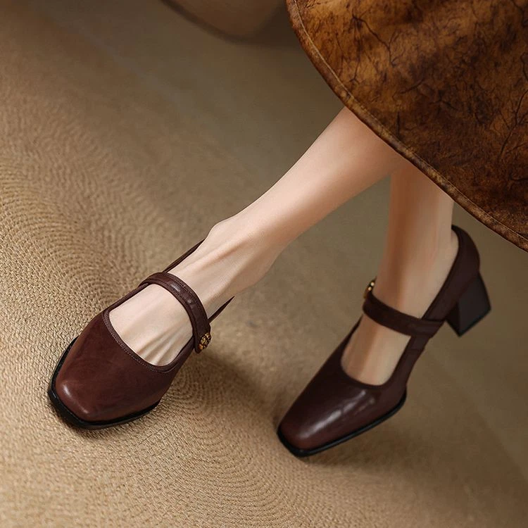 Женщин 2024 моды овчины квадратный носок блок каблук скольжения на Мэри Джейн туфли MOEO - Изображение 2 из 4