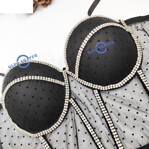 Rhinestone Abdomen Corset Mesh Shiny Bustiers With Cup Transparent Bodices Bones - Picture 3 of 11