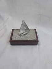 Vintage Kirk Stieff Pewter Sailboat Trinket Box Vintage Wood Detailed