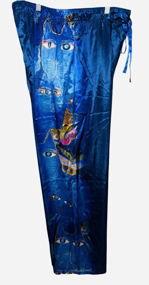 Laurel Burch Indigo Cats Pants Womens XL Satin Blue Lounge Pajama Folk Art PJs - Image 4 of 4