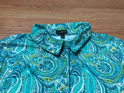 Talbots Collared Shirt Womens M Blue Green Paisley 1/4 Button Stretch Nylon Blen - Picture 4 of 12