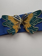 Women's Stretch Enamel Butterfly Belt 70's - 80's Blue Yellow Gold Vintage
