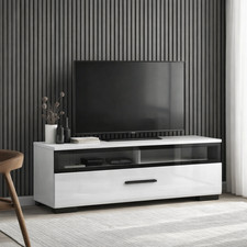 Small TV Unit with Drawer Glass Storage Cabinet Stand White Gloss 100cm Assen