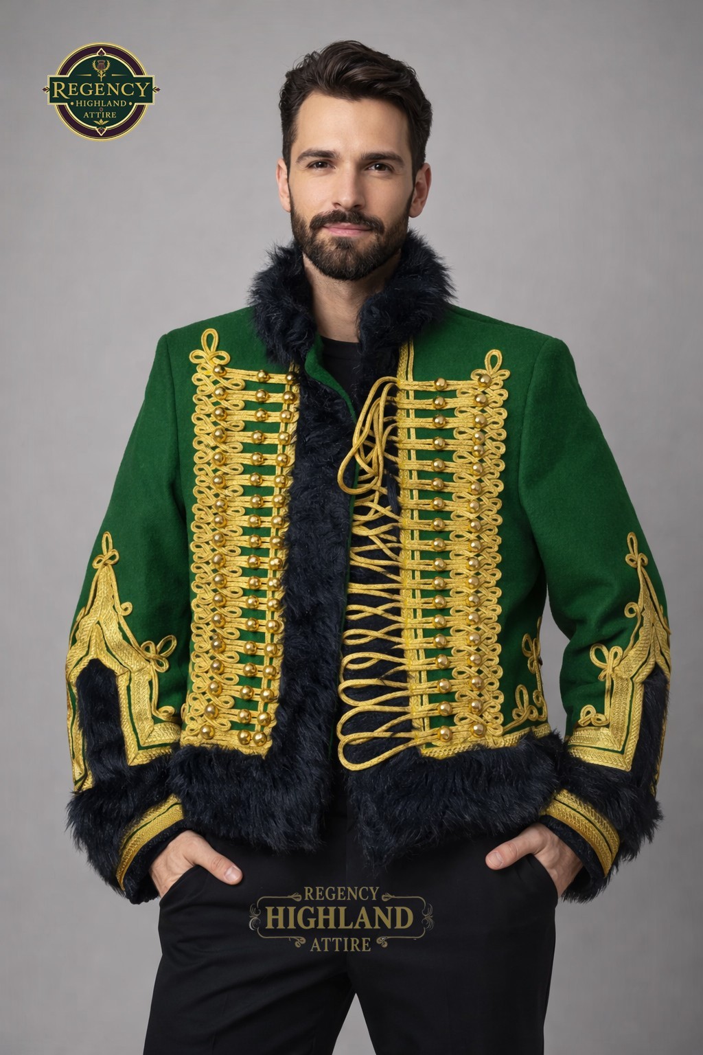 Men’s Emerald Green Hussar Braided Military Jacket with Black Fur Trim
