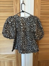 Leopard Print Puff Sleeve Women's Top - Beige/Black size small