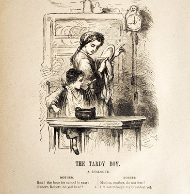 1880s The Tardy Boy Breakfast Wood Engraving Late For School Victorian A4D