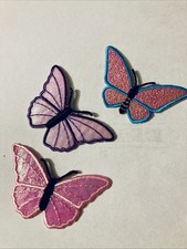 3 Vintage Glittery Butterfly Iron-On Patches Pink Pastels 2.5 x 1.5  